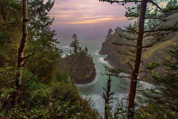 photography, Landscape, Nature, Coves, Sea, Coast, Hills, Clouds, Forest, Rocks, Sunset, Oregon HD Wallpaper Desktop Background