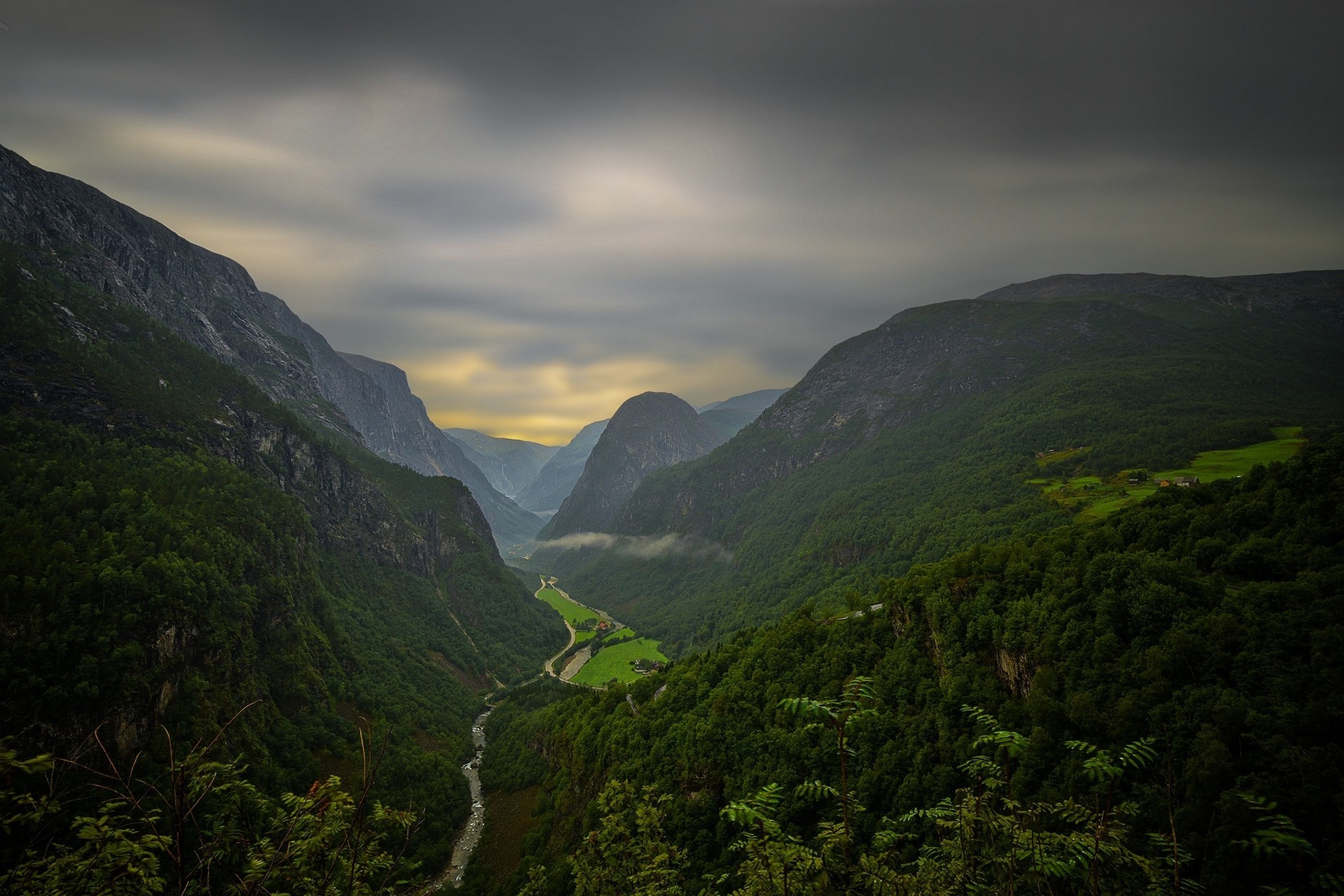 photography, Landscape, Nature, Mountains, River, Road, Forest, Clouds, Canyon, Summer, Valley, House, Norway Wallpaper