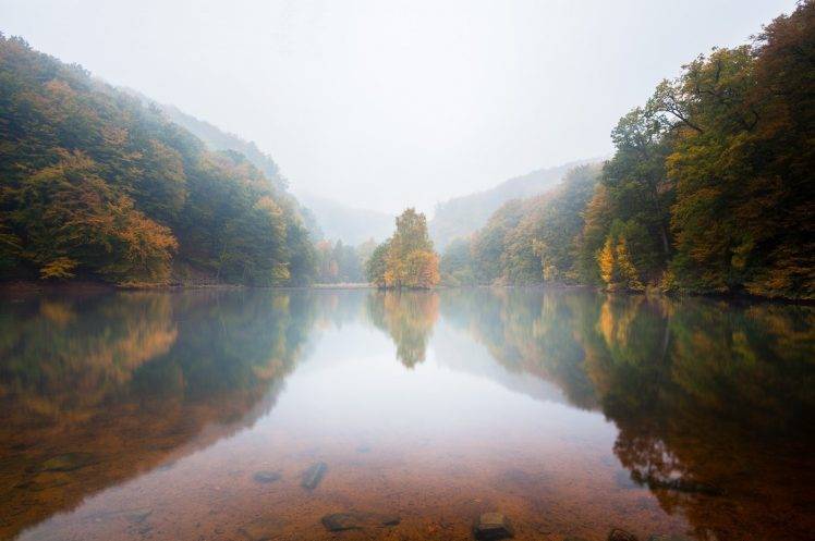 nature, Landscape, Trees, Fall, Mist, Mountains, Reflections HD Wallpaper Desktop Background