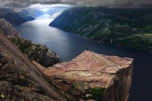 river, Clouds, Mountains, Rocks, Landscape, Norway, Pulpit Rock, Prekestolen