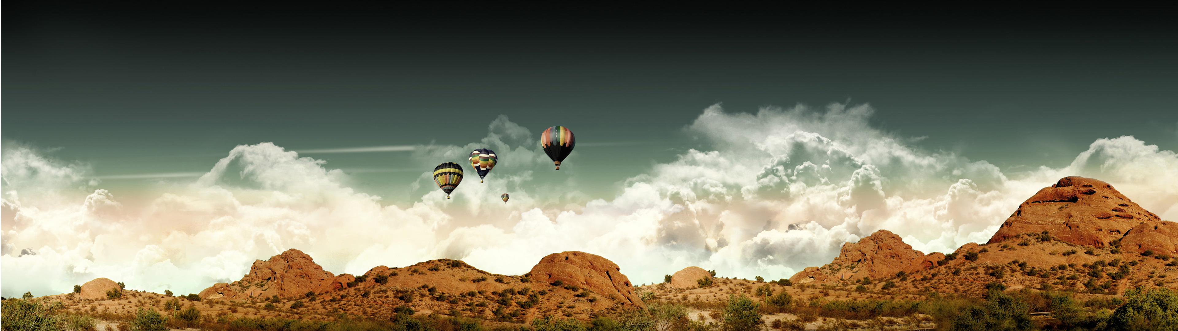 dual Monitors, Multiple Display, Hot Air Balloons, Mountains, Clouds, Desert, Landscape Wallpaper