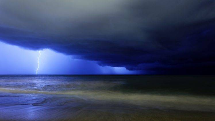 nature, Landscape, Storm, Lightning, Clouds, Water, Sea, Waves, Horizon, Sand, Simple HD Wallpaper Desktop Background