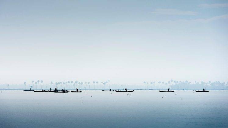 men, Fisherman, Nature, Landscape, India, Water, Lake, Boat, Fishing, Palm Trees, Simple, Sky, Clouds, Silhouette, Mist HD Wallpaper Desktop Background