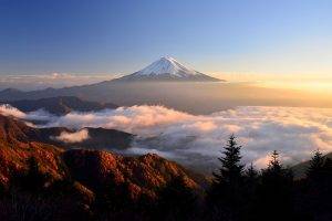 Mount Fuji, Clouds, Trees, Sky, Nature, Landscape, Mist, Sunlight, Top View