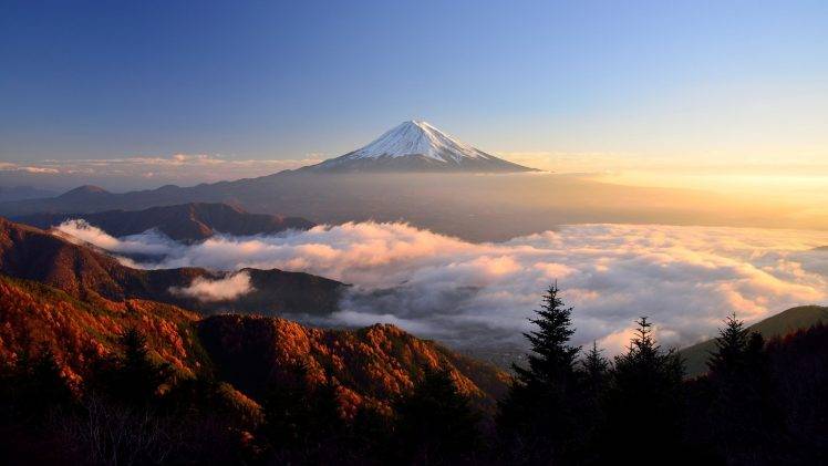Mount Fuji, Clouds, Trees, Sky, Nature, Landscape, Mist, Sunlight, Top View HD Wallpaper Desktop Background