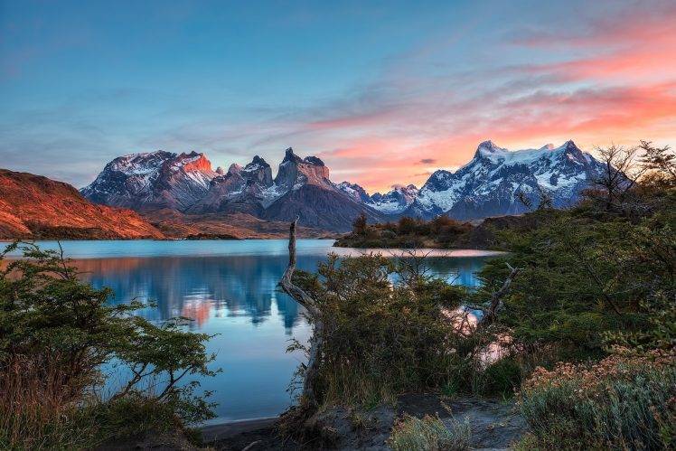 photography, Nature, Landscape, Mountains, Lake, Sunset, Shrubs, Snowy Peak, Torres Del Paine, National Park, Patagonia, Chile HD Wallpaper Desktop Background