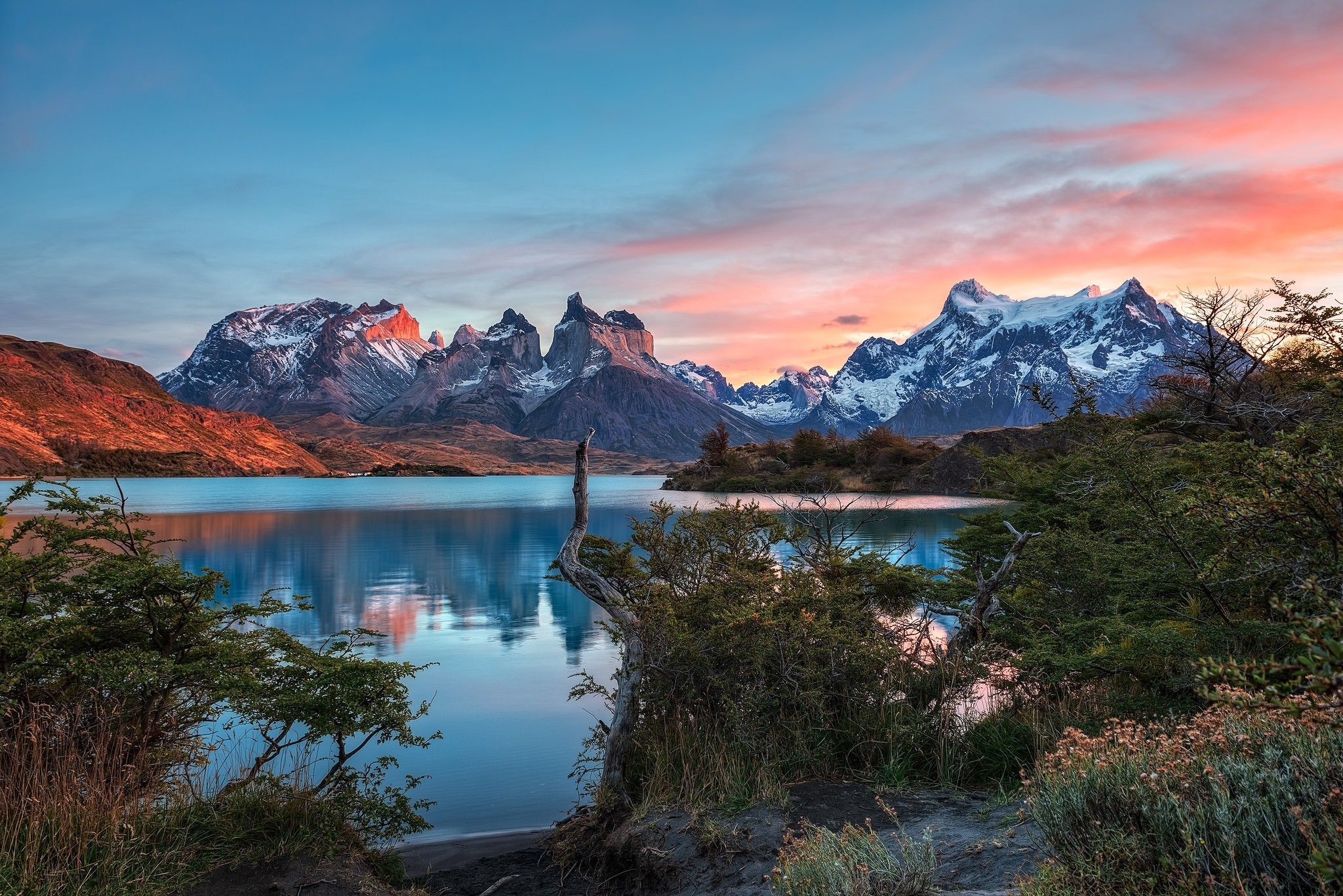 photography, Nature, Landscape, Mountains, Lake, Sunset, Shrubs, Snowy Peak, Torres Del Paine, National Park, Patagonia, Chile Wallpaper