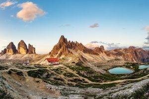photography, Landscape, Nature, Mountains, Lake, Summer, Sunset, Cabin, Dolomites (mountains), Italy