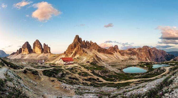 photography, Landscape, Nature, Mountains, Lake, Summer, Sunset, Cabin, Dolomites (mountains), Italy HD Wallpaper Desktop Background
