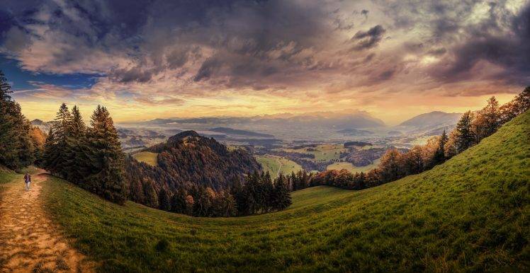 photography, Landscape, Nature, Panorama, Path, Hiking, Forest, Mountains, Valley, Grass, Clouds, Fall, Switzerland HD Wallpaper Desktop Background