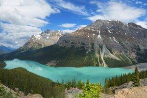 photography, Nature, Landscape, Panorama, Lake, Mountains, Turquoise, Water, Forest, Clouds, Valley, Banff National Park, Alberta, Canada