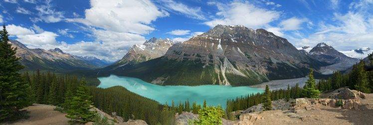 photography, Nature, Landscape, Panorama, Lake, Mountains, Turquoise, Water, Forest, Clouds, Valley, Banff National Park, Alberta, Canada HD Wallpaper Desktop Background