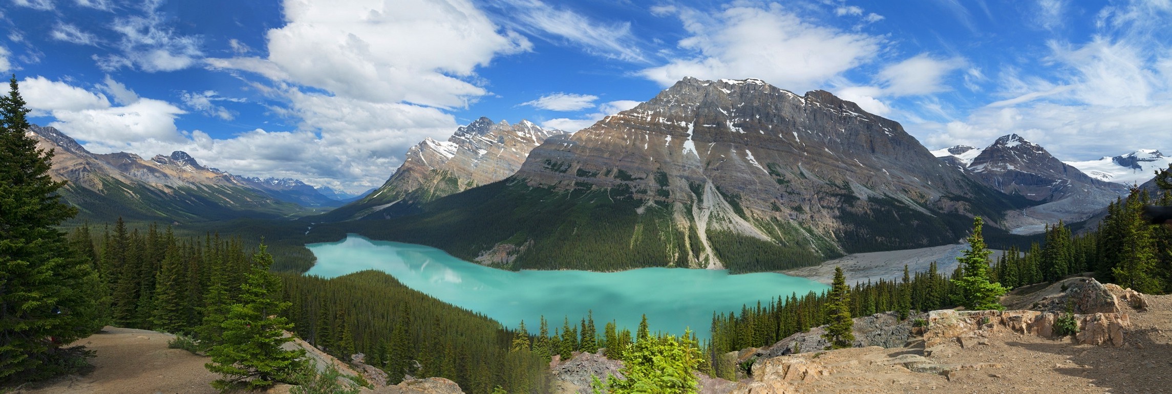 photography, Nature, Landscape, Panorama, Lake, Mountains, Turquoise, Water, Forest, Clouds, Valley, Banff National Park, Alberta, Canada Wallpaper