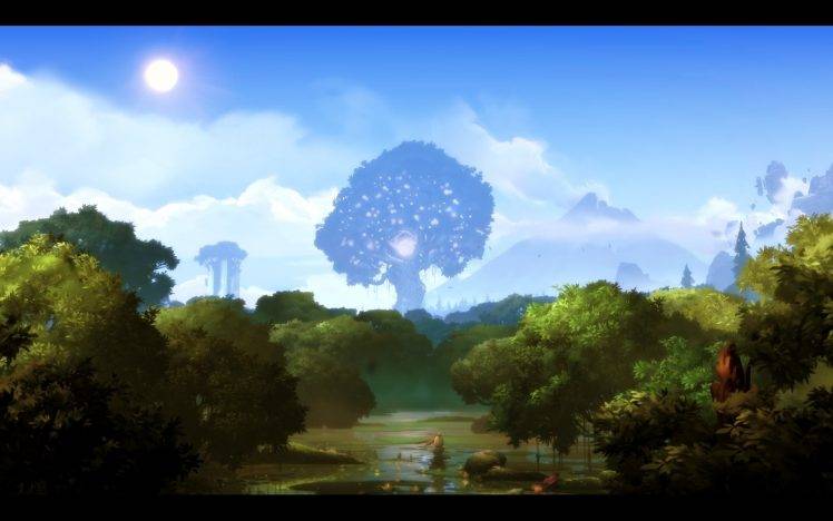 video Games, Screen Shot, Ori And The Blind Forest, Trees, Forest, Lake, Sun, Sky HD Wallpaper Desktop Background