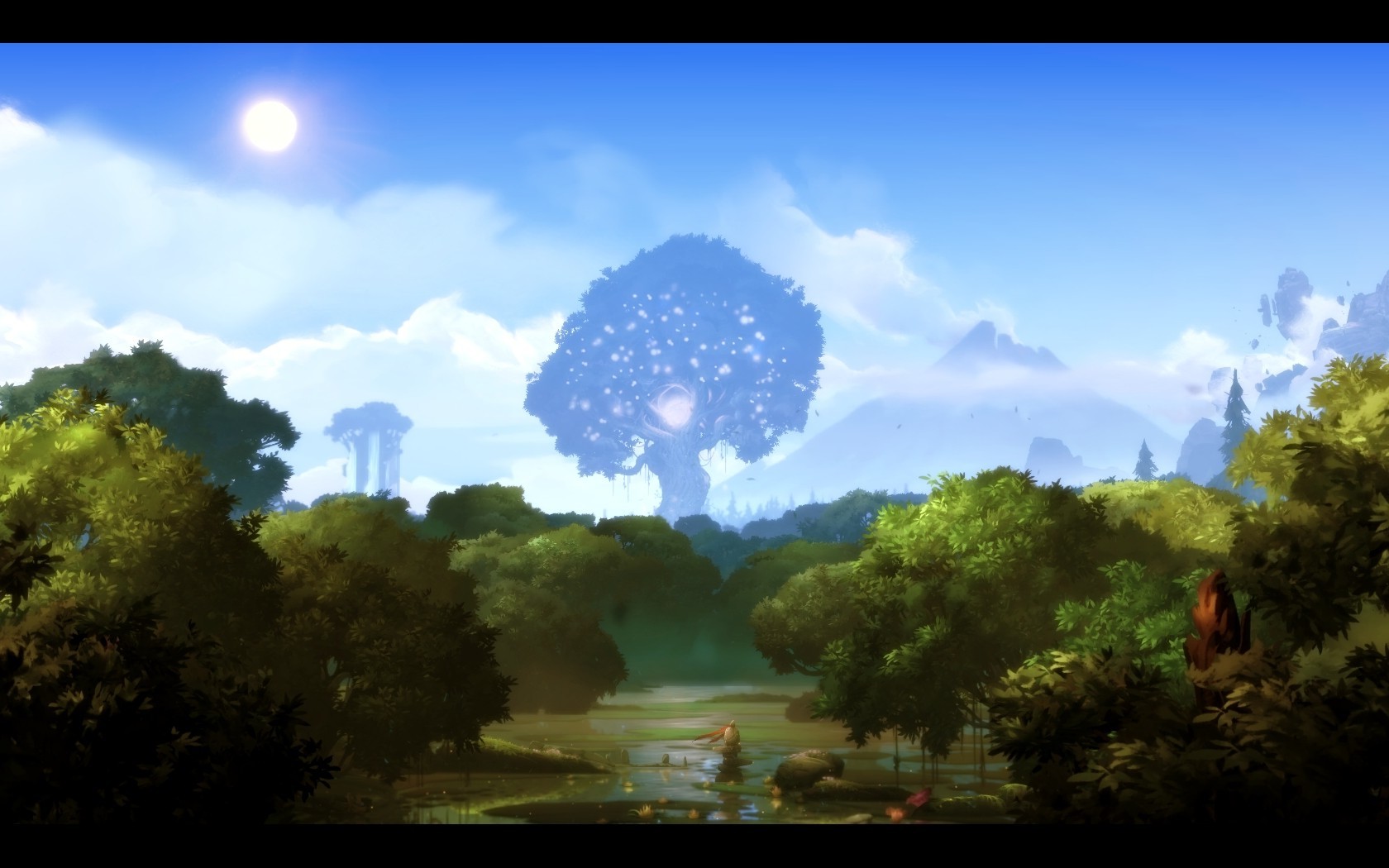 video Games, Screen Shot, Ori And The Blind Forest, Trees, Forest, Lake, Sun, Sky Wallpaper