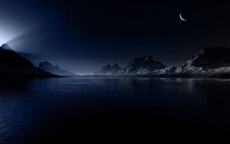 mountains, Moon, Lights, River, Landscape, Nature HD Wallpaper Desktop Background