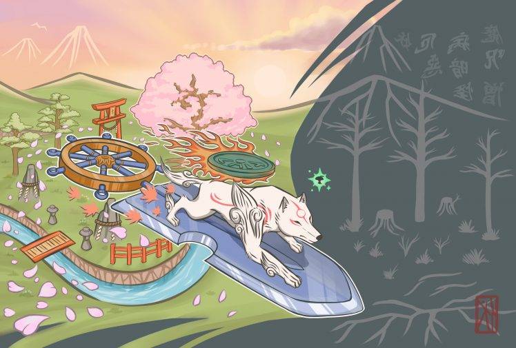 Okami, Wolf, Video Games, Animals, Cherry Blossom HD Wallpaper Desktop Background