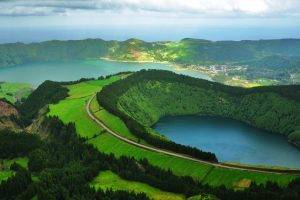 nature, Landscape, Lake, Portugal, Road, Green, Trees, Clouds, Azores, Sao Miguel Island