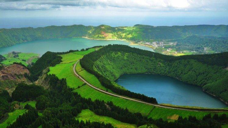 nature, Landscape, Lake, Portugal, Road, Green, Trees, Clouds, Azores, Sao Miguel Island HD Wallpaper Desktop Background