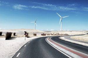 road, Desert, Sky, Landscape, Planks, Wind Turbine