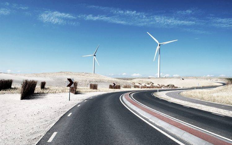 road, Desert, Sky, Landscape, Planks, Wind Turbine HD Wallpaper Desktop Background