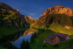 nature, Photography, Landscape, Mountains, Lake, Summer, Morning, Sunlight, House, Grass, Pine Trees, Water, Reflections, Cliff