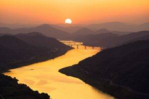 nature, Photography, Landscape, Sunset, Mountains, River, Bridge, Gold, Pink, Mist, Sky, South Korea