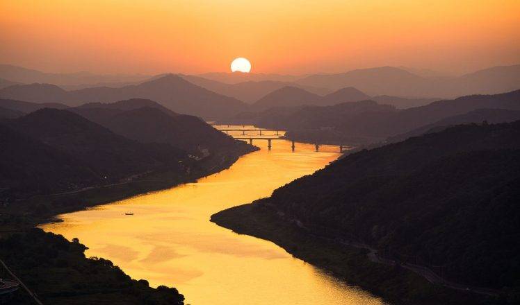 nature, Photography, Landscape, Sunset, Mountains, River, Bridge, Gold, Pink, Mist, Sky, South Korea HD Wallpaper Desktop Background