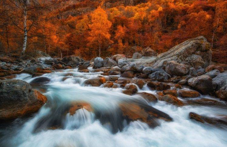 nature, Photography, Landscape, Fall, Forest, River, Rapids, Trees, Red, Leaves, Long Exposure HD Wallpaper Desktop Background