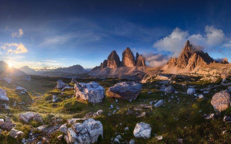 photography, Nature, Landscape, Summer, Sunset, Stones, Dolomites (mountains), Wildflowers, Italy HD Wallpaper Desktop Background