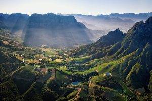 photography, Nature, Landscape, Aerial View, Mountain Pass, Field, Pond, Village, Morning, Sunlight, Sun Rays, Mist, South Africa