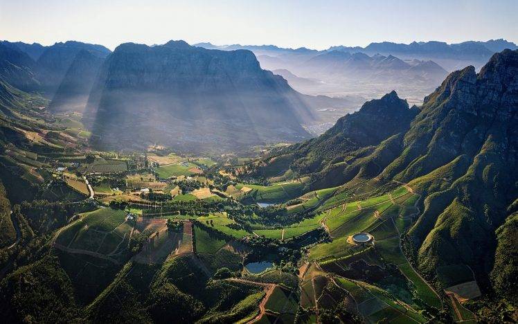 photography, Nature, Landscape, Aerial View, Mountain Pass, Field, Pond, Village, Morning, Sunlight, Sun Rays, Mist, South Africa HD Wallpaper Desktop Background