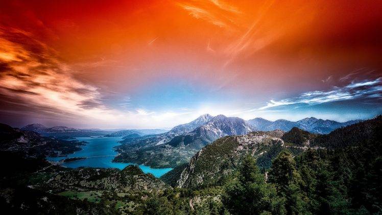 photography, Nature, Landscape, Mountains, Lake, Red, Sky, Clouds, Forest, Road, Bridge, Greece HD Wallpaper Desktop Background
