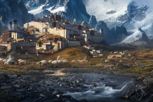 landscape, Creeks, Mountains, Fortress, Tent, Ultrawide, Tibet