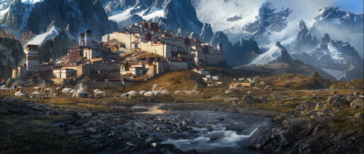 landscape, Creeks, Mountains, Fortress, Tent, Ultrawide, Tibet HD Wallpaper Desktop Background