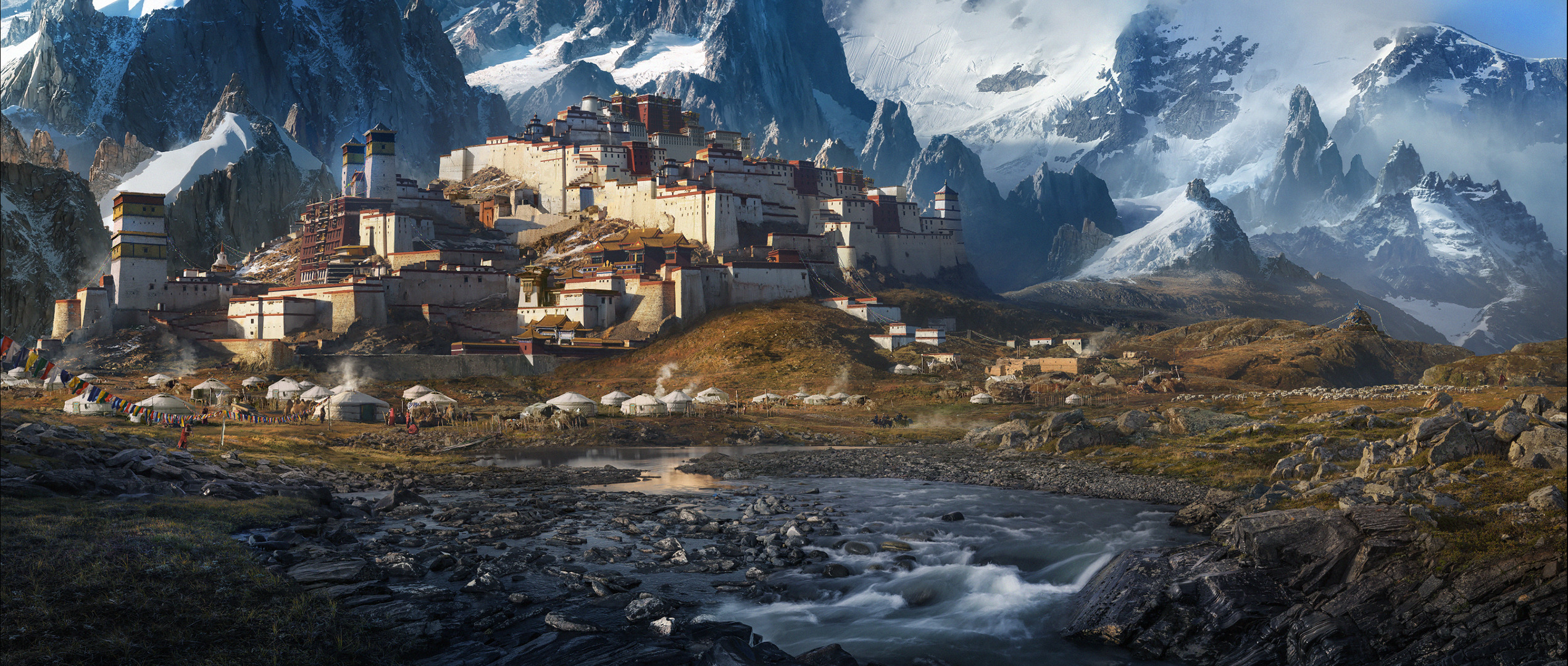 landscape, Creeks, Mountains, Fortress, Tent, Ultrawide, Tibet Wallpaper