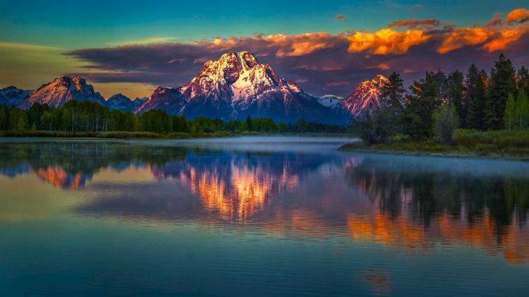 nature, Landscape, Mountains, Clouds, Snowy Peak, Trees, Water, Lake, Mist, Morning, Sun, Forest, Reflection, Wyoming, USA, National Park, Grand Teton National Park HD Wallpaper Desktop Background