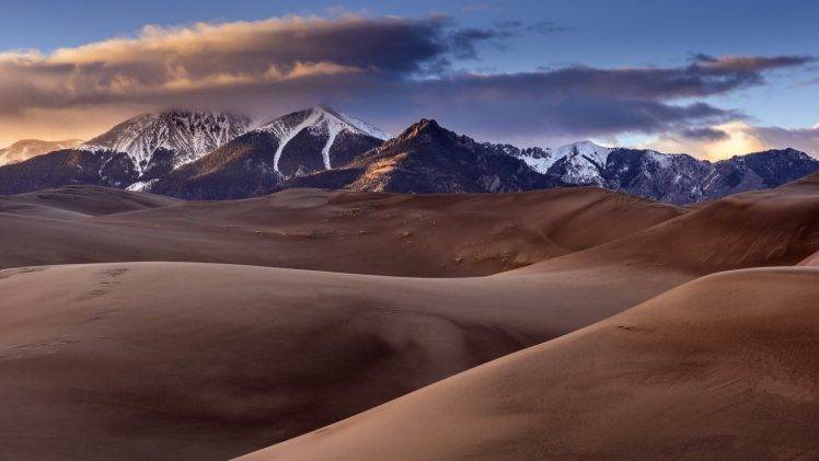nature, Landscape, Mountains, Clouds, Snowy Peak, Trees, Forest, Desert, Sand HD Wallpaper Desktop Background