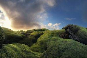 photography, Landscape, Nature, Rocks, Moss, Clouds, Sunset, Sunlight, Iceland