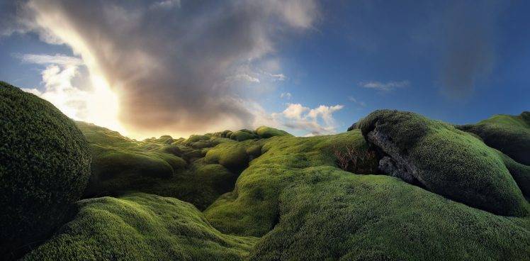 photography, Landscape, Nature, Rocks, Moss, Clouds, Sunset, Sunlight, Iceland HD Wallpaper Desktop Background