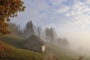photography, Landscape, Nature, Morning, Mist, Sunlight, Trees, Hut, Hills, Fall, Slovenia