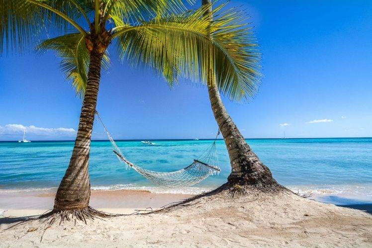 photography, Landscape, Nature, Tropical, Beach, Palm Trees, Hammocks, Caribbean, Sea, Summer, Sand, Sailboats, Island, Dominican Republic HD Wallpaper Desktop Background