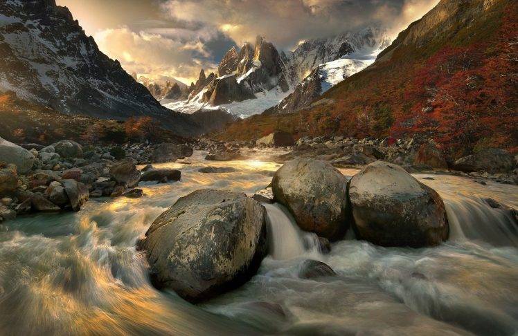 photography, Landscape, Nature, Morning, Sunlight, Mountains, River, Snow, Trees, Fall, Clouds, Long Exposure, National Park, Argentina HD Wallpaper Desktop Background
