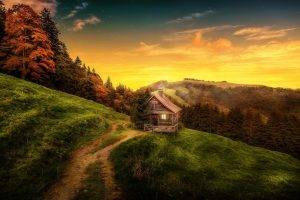 photography, Nature, Landscape, Cottage, Mountains, Path, Forest, Grass, Fall, HDR, Sky, Sunset, Stars, Clouds, Switzerland