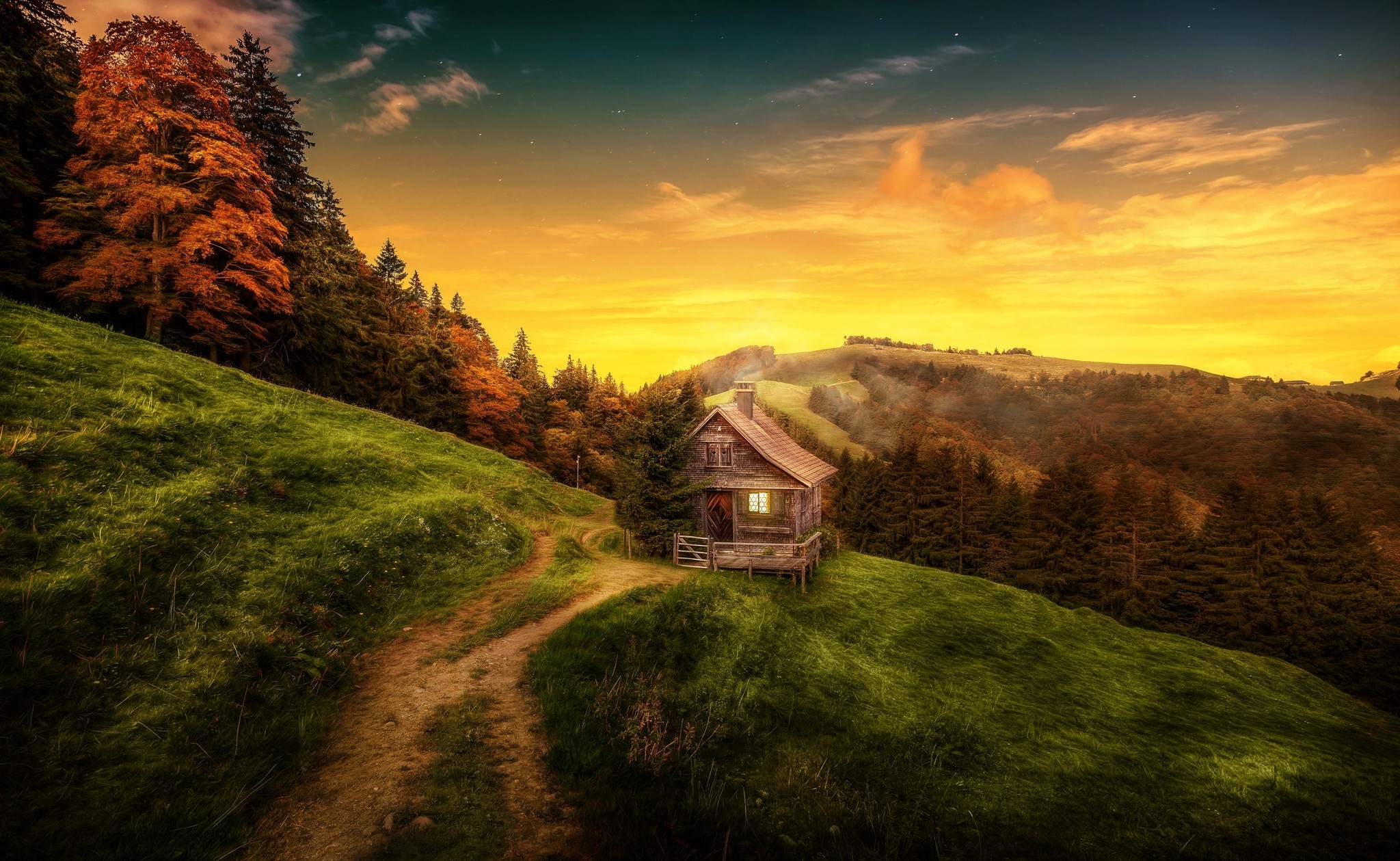 photography, Nature, Landscape, Cottage, Mountains, Path, Forest, Grass, Fall, HDR, Sky, Sunset, Stars, Clouds, Switzerland Wallpaper