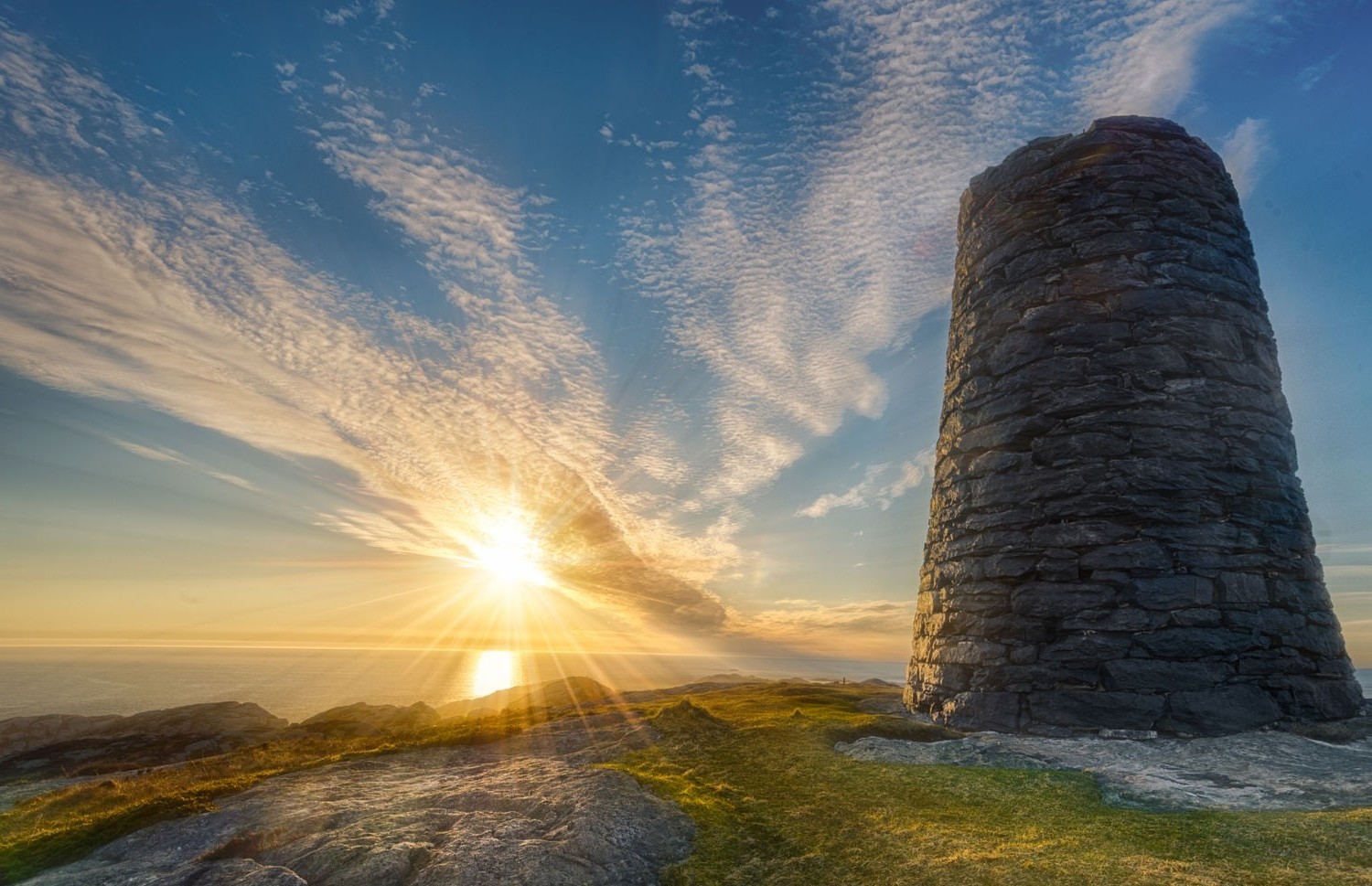 photography, Landscape, Nature, Stone, Tower, Sea, Sun Rays, Clouds, Sunset, Summer, Norway Wallpaper