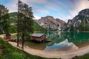 photography, Landscape, Nature, Panoramas, Lake, Reflections, Boathouses, Mountains, Summer, Forest, Beach, Trees, Alps, Italy, Morning, Sunlight