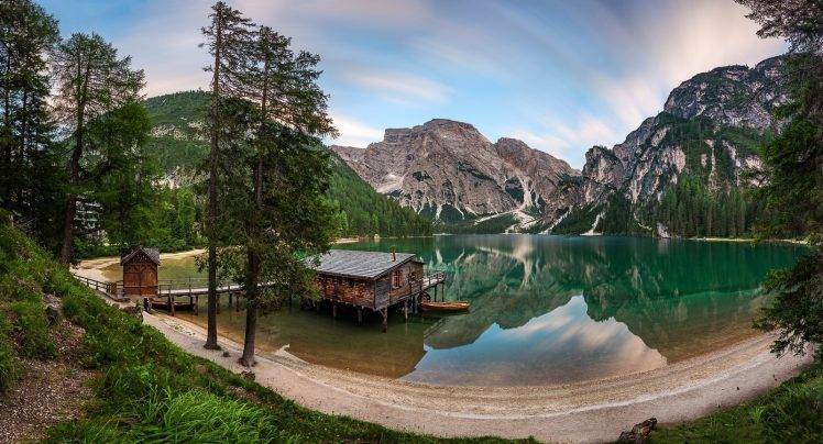 photography, Landscape, Nature, Panoramas, Lake, Reflections, Boathouses, Mountains, Summer, Forest, Beach, Trees, Alps, Italy, Morning, Sunlight HD Wallpaper Desktop Background
