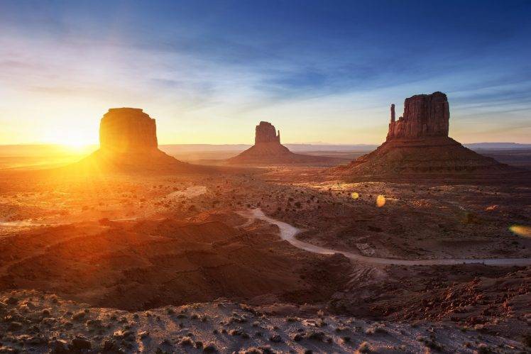 Monument Valley, Desert, Sun, Sunset, Sky, Clouds, Nature, Landscape, USA HD Wallpaper Desktop Background