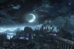 Dark Souls, Dark Souls III, Video Games, Sky, Clouds, Moon, Night, Irithyll